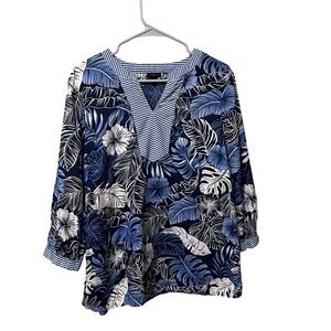 Talbots Petite Blue Tropical Floral Print V‎ Neck Tunic Top Women Size Large
